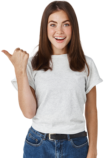 cheerful young woman pointing thumb left copy space showing promo banner white wall 1