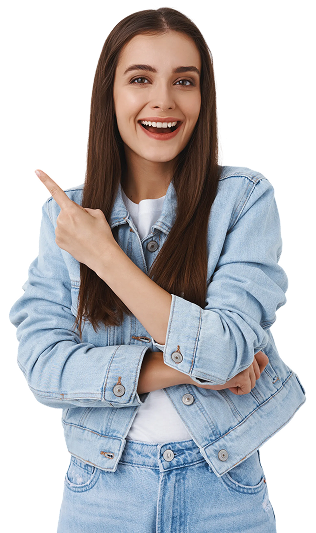 enthusiastic young attractive caucasian woman laughing awesome advertisement pointing upper left corner look impressed pleased smiling camera as discuss cool promo white background 1