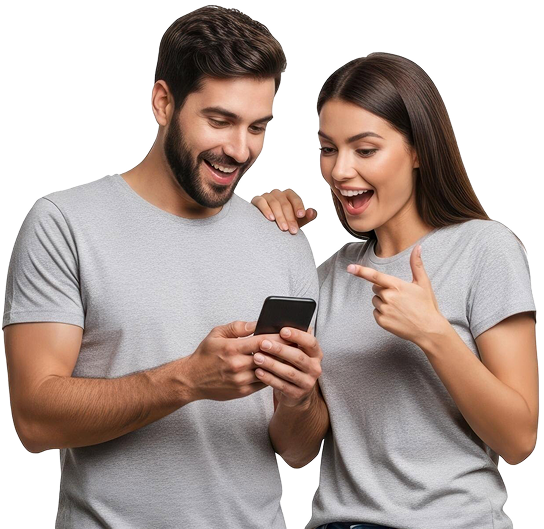 excited couple looking smartphone isolated transparent background 1
