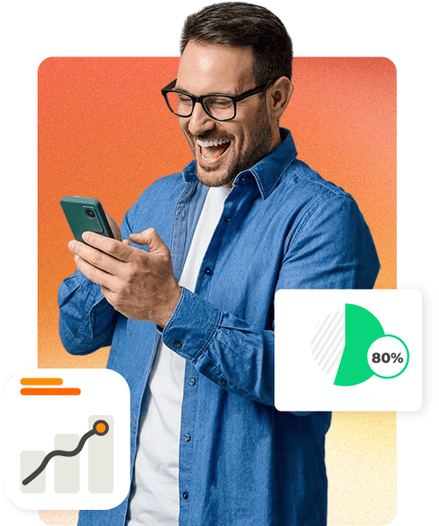hombre emocionado mirando celular con iconos de analitica y graficos codigos ia y desarrollo de software