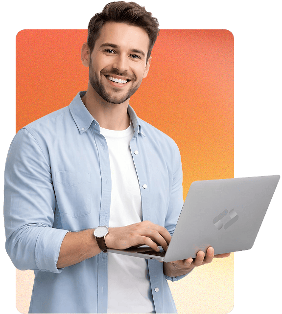 hombre feliz sosteniendo laptop con fondo de degradado naranja codigos ia y desarrollo de software