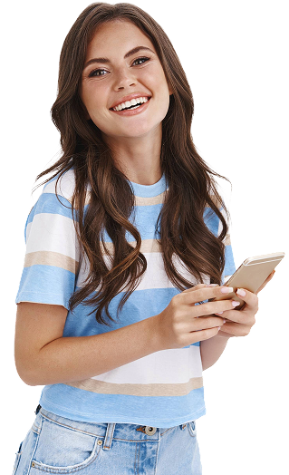 lovely carefree glamour adult woman laughing silly hold smartphone look camera enthusiastic pleased book tickets flight spend vacation abroad contact hotel via mobile phone app 1