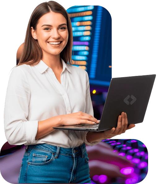 mujer sonriente sosteniendo computadora portatil con fondo neon codigos ia y desarrollo de software