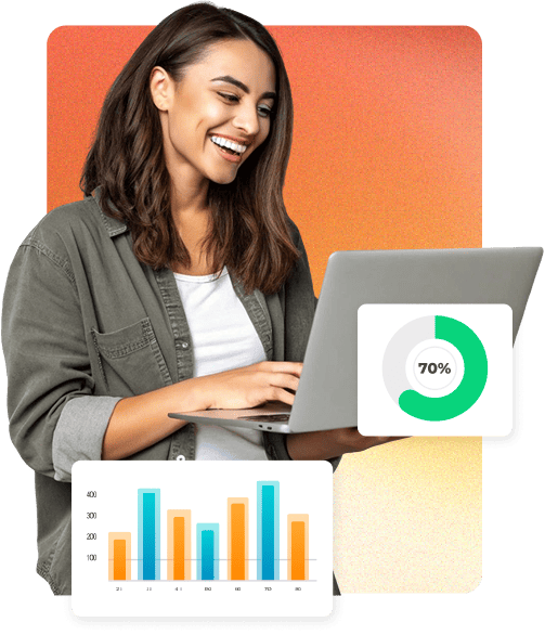 mujer sosteniendo laptop con graficos estadisticos y fondo naranja codigos ia y desarrollo de software