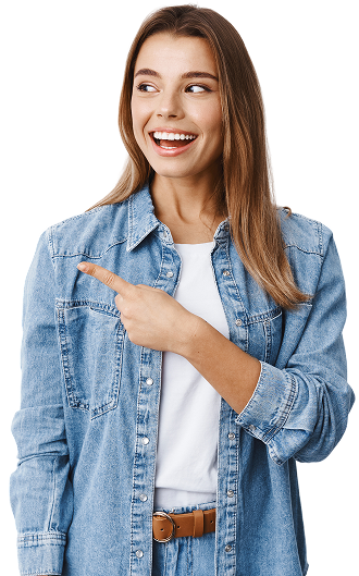 smiling modern girl casual clothes pointing staring left logo with pleased face checking out good deal banner sideways white wall 1